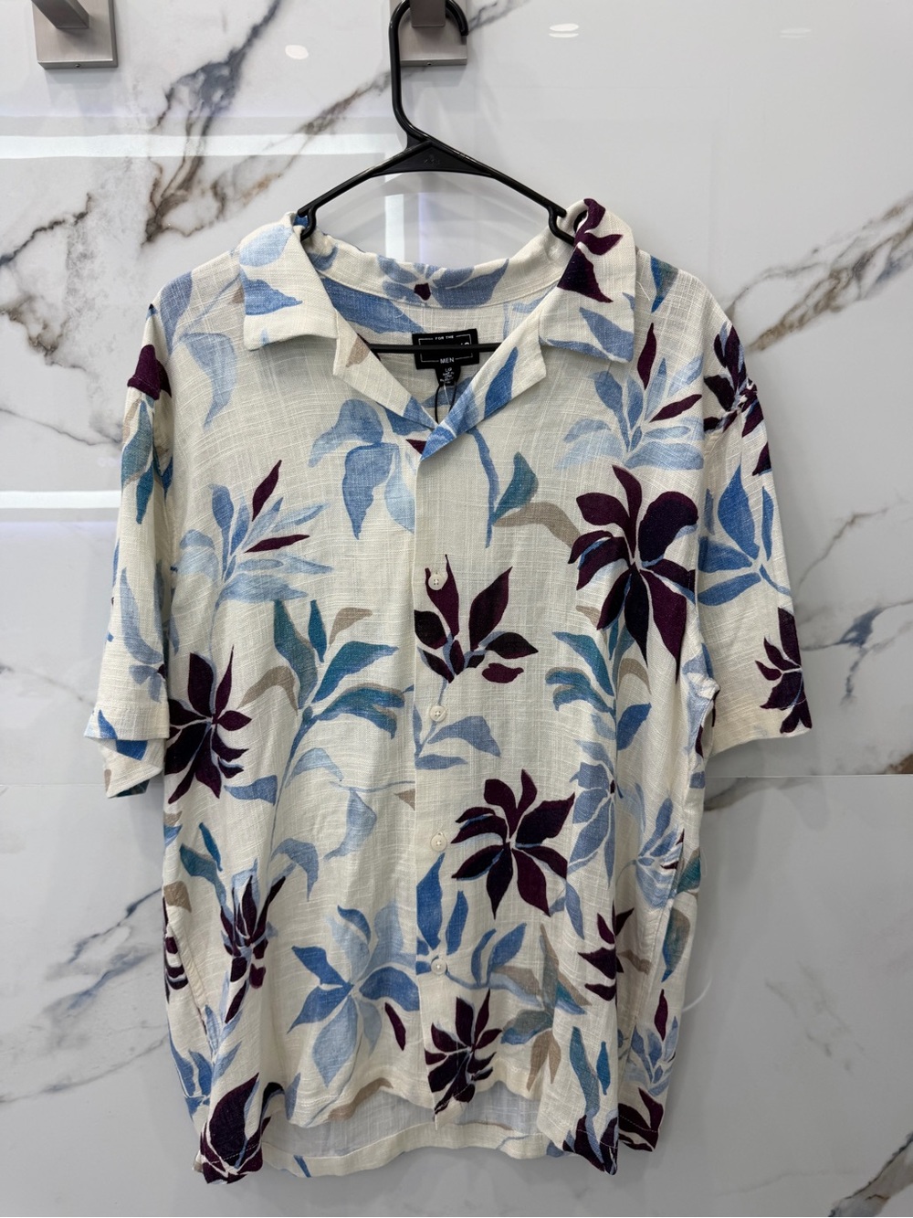 For The Republic Cream Button-Down Shirt with Blue & Purple Floral Print